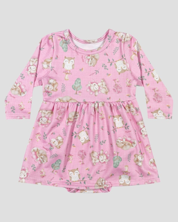 Vestido Body Bebê Manga Longa Estampado - Kely Kety - Rosa