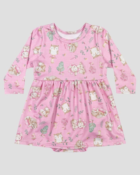 Vestido Body Bebê Manga Longa Estampado - Kely Kety - Rosa