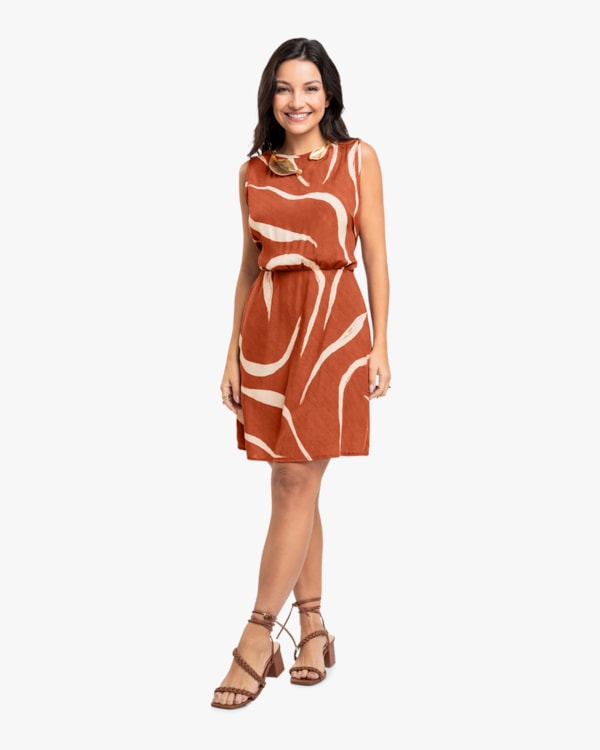 Vestido Curto Acinturado em Viscose Estampada - Cereja Rosa - Inca