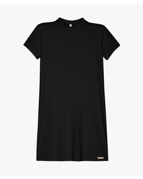 Vestido Curto Canelado com Gola Fechada - Cereja Rosa - Preto