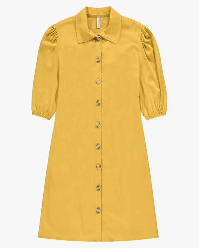 Vestido Curto Chemise com Manga 3/4 - Cereja Rosa - Mostarda-afa80fb0-aa6a-4687-8bec-850a7263df14