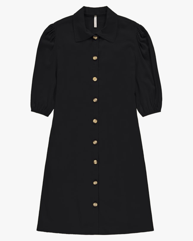 Vestido Curto Chemise com Manga 3/4 - Cereja Rosa - Preto-51094ccd-5686-4e7d-ae51-f6c2610467ee