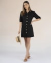 Vestido Curto Chemise com Manga 3/4 - Cereja Rosa - Preto-45f3e25e-abf4-4dfc-bfb4-8d42504b8e5c