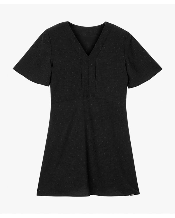 Vestido Curto com Decote V e Manga Ampla - Cereja Rosa - Preto