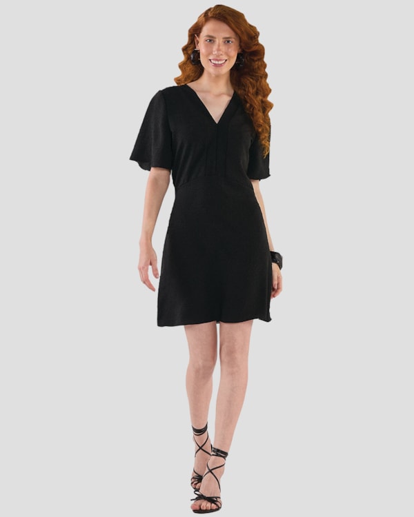 Vestido Curto com Decote V e Manga Ampla - Cereja Rosa - Preto