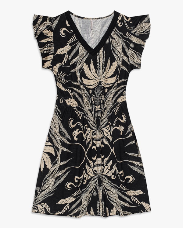 Vestido Curto Estampado com Retilínea - Cereja Rosa - Preto