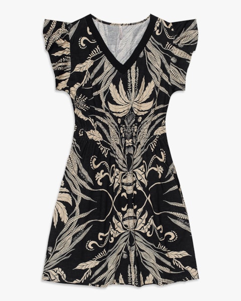 Vestido Curto Estampado com Retilínea - Cereja Rosa - Preto