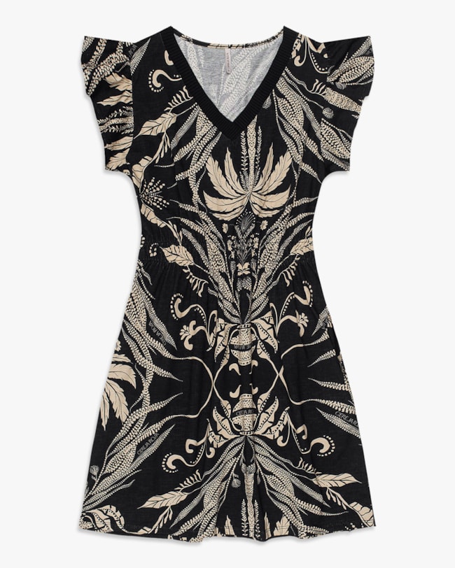 Vestido Curto Estampado com Retilínea - Cereja Rosa - Preto-b4c12589-2821-44fa-a1c5-c4eb4b0c9e32