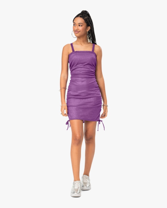 Vestido Curto Juvenil Canelado com Brilho e Amarração - BaseD - Roxo-33623820-2bca-43cb-b9aa-e9cfeead2a8b