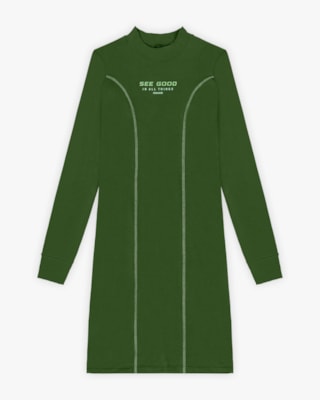 Vestido Curto Juvenil com Manga Longa em Malha Felpada - BaseD - Militar