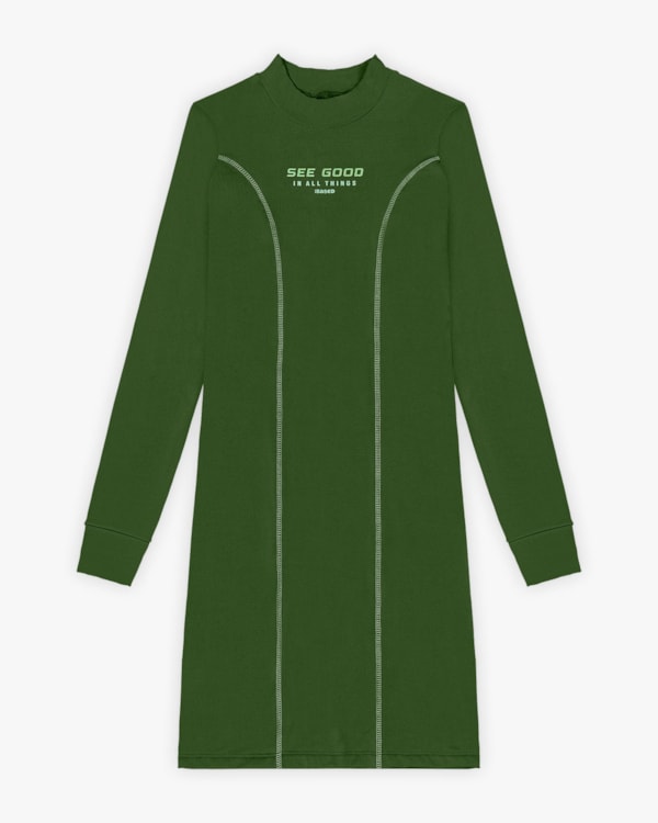 Vestido Curto Juvenil com Manga Longa em Malha Felpada - BaseD - Militar