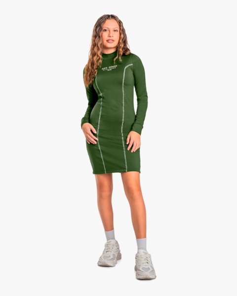 Vestido Curto Juvenil com Manga Longa em Malha Felpada - BaseD - Militar