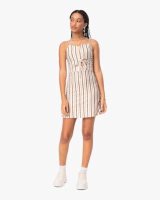 Vestido Curto Juvenil Cut Out em Canelado Listrado - BaseD - Natural