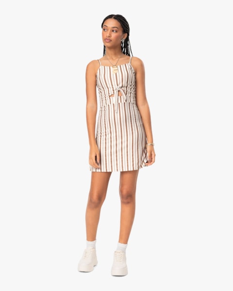 Vestido Curto Juvenil Cut Out em Canelado Listrado - BaseD - Natural