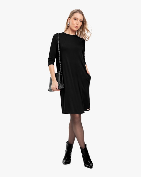 Vestido Curto Manga 3/4 em Malha Crepe - Cereja Rosa - Preto
