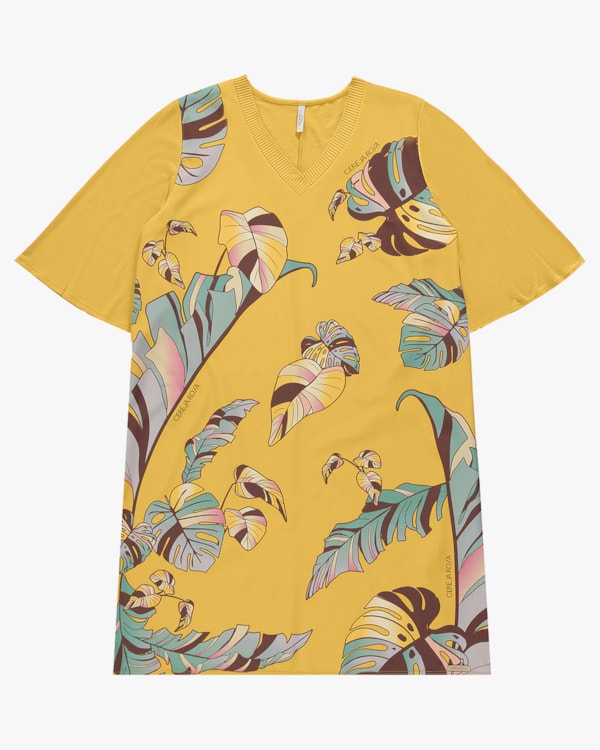 Vestido Curto Plus Size com Estampa Frontal - Cereja Rosa - Mostarda P