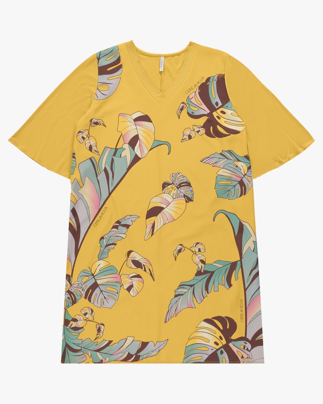 Vestido Curto Plus Size com Estampa Frontal - Cereja Rosa - Mostarda P-5411a3bc-92d9-4c1e-ae5c-3f0080f7f68c