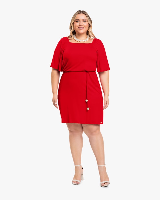 Vestido Curto Plus Size com Manga Flare - Cereja Rosa - Tomato-f4741bd5-2eeb-49eb-adfa-7709d90eced3