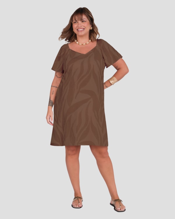 Vestido Curto Plus Size Estampado Cereja Rosa Marrom