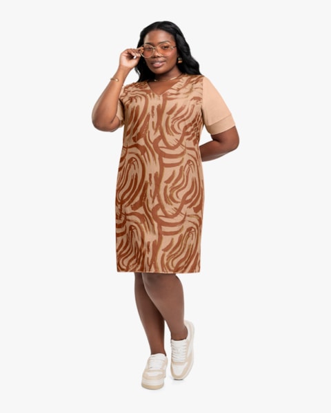 Vestido Curto Plus Size Estampado com Decote V - Cereja Rosa - Toffee