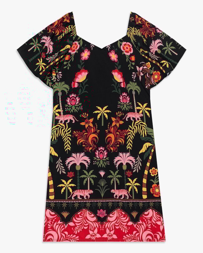 Vestido Curto Plus Size Estampado com Manga Bufante - Cereja Rosa - Preto-9a9d209b-b348-4f88-a775-6d0407f94d38