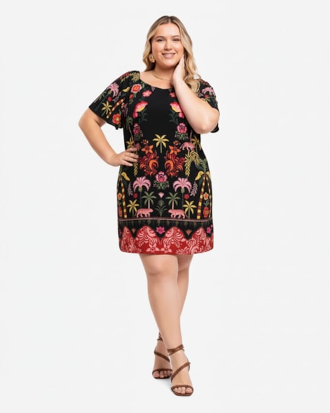 Vestido Curto Plus Size Estampado com Manga Bufante - Cereja Rosa - Preto