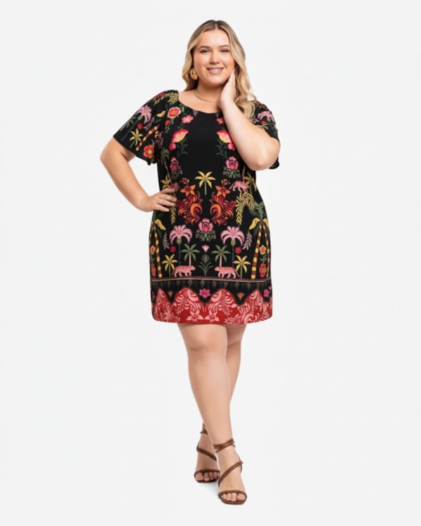 Vestido Curto Plus Size Estampado com Manga Bufante - Cereja Rosa - Preto