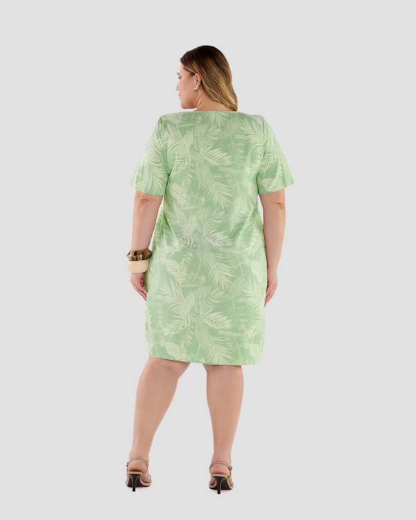 Vestido Curto Plus Size Estampado em Viscose Linho - Cereja Rosa - Mint