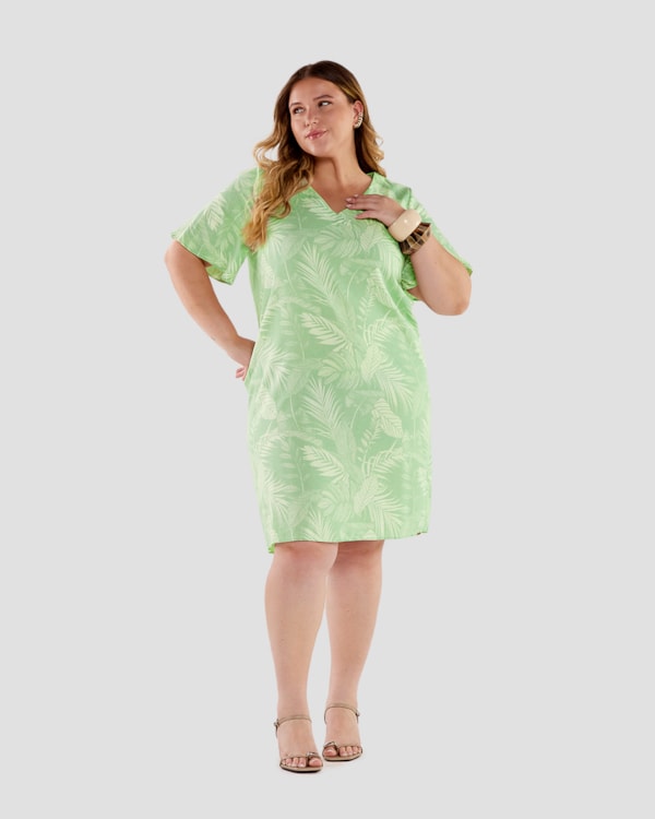 Vestido Curto Plus Size Estampado em Viscose Linho - Cereja Rosa - Mint