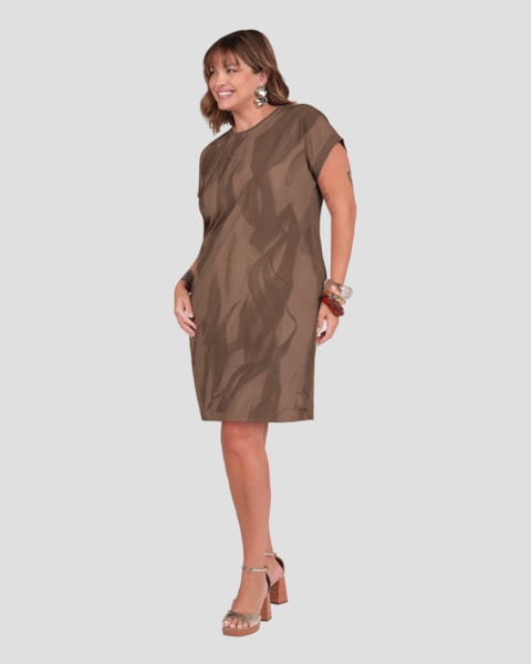 Vestido Curto Plus Size Frente Estampada Cereja Rosa Marrom