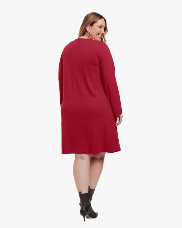 Vestido Curto Plus Size Manga Longa em Malha Crepe - Cereja Rosa - cherry Red