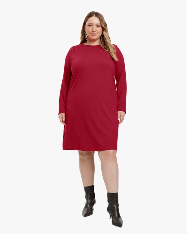 Vestido Curto Plus Size Manga Longa em Malha Crepe - Cereja Rosa - cherry Red