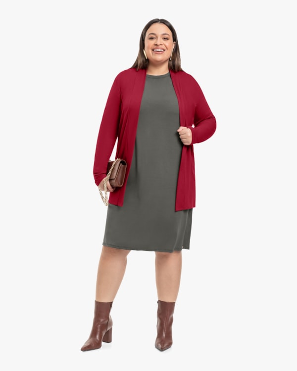 Vestido Curto Plus Size Manga Longa em Malha Crepe - Cereja Rosa - Dark Gray