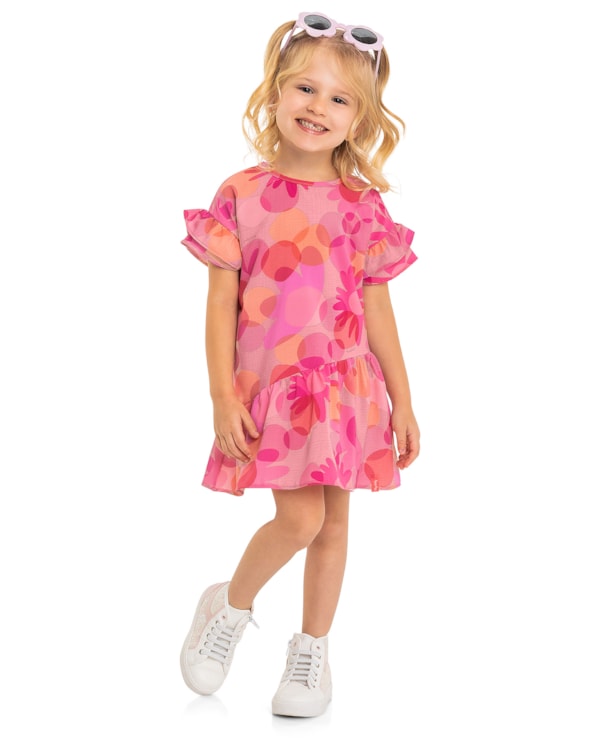 Vestido em Tecido com Babados nas Mangas Menina Kely Kety