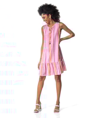 Vestido Feminino Cereja Rosa Listrado