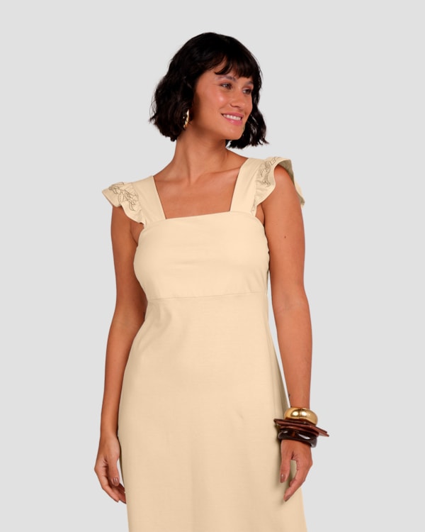 Vestido Feminino com Alça Babado Cereja Rosa Bege