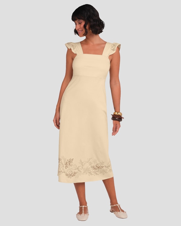 Vestido Feminino com Alça Babado Cereja Rosa Bege