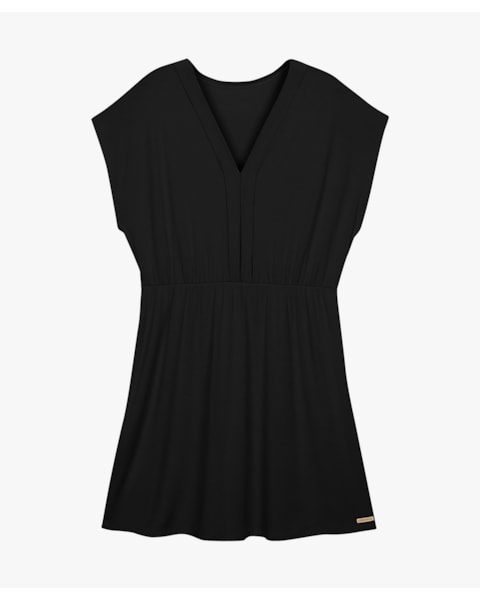 Vestido Feminino Plus Size Malha Crepe com Decote V - Cereja Rosa - Preto