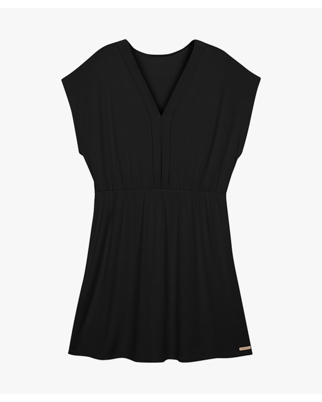 Vestido Feminino Plus Size Malha Crepe com Decote V - Cereja Rosa - Preto-5e944740-787b-4041-86a4-2671b2f77792