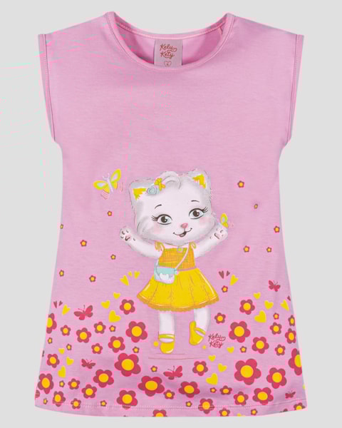 Vestido Infantil com Estampa de Gatinha Kely Kety Rosa