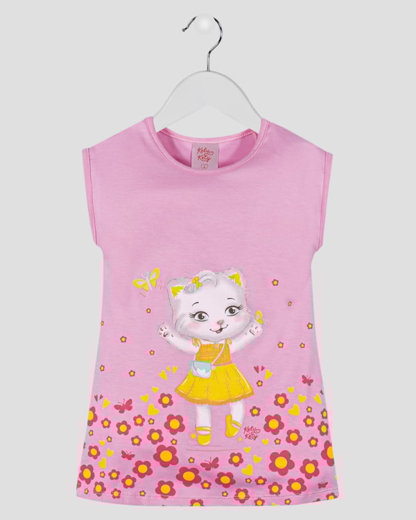 Vestido Infantil com Estampa de Gatinha Kely Kety Rosa