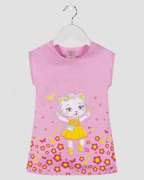 Vestido Infantil com Estampa de Gatinha Kely Kety Rosa