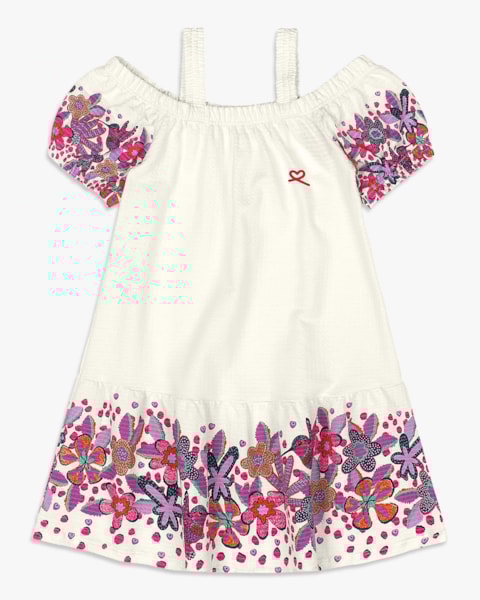 Vestido Infantil com Estampa Floral e Mangas Bufantes - Kely Kety - Natural