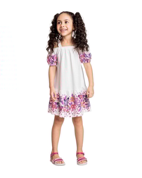 Vestido Infantil com Estampa Floral e Mangas Bufantes - Kely Kety - Natural