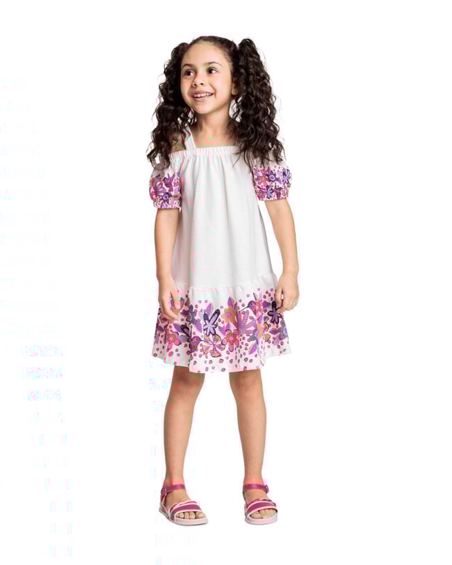 Vestido Infantil com Estampa Floral e Mangas Bufantes - Kely Kety - Natural-bc3df651-93ff-4365-b3fc-283cb229c66c