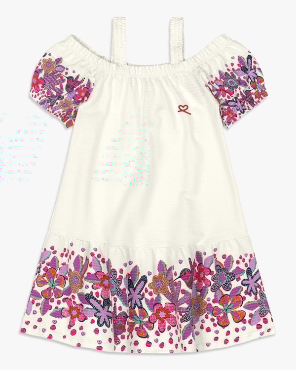 Vestido Infantil com Estampa Floral e Mangas Bufantes - Kely Kety - Natural