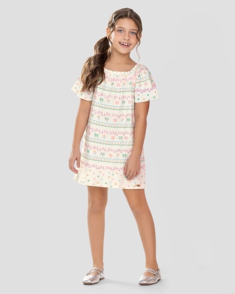 Vestido Infantil em Cotton Estampado Kely Kety Branco