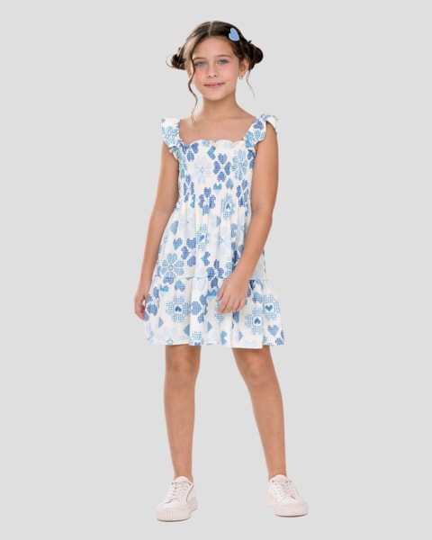 Vestido Infantil em Malha Canelada Estampada Kely Kety Azul