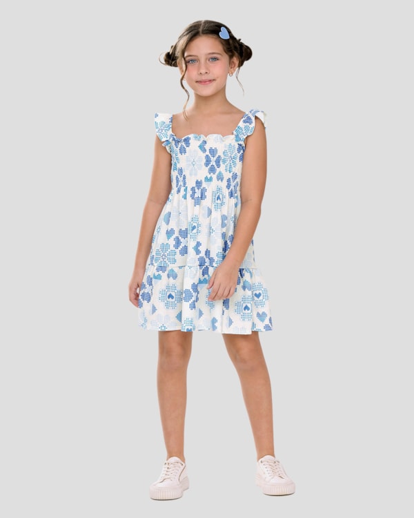 Vestido Infantil em Malha Canelada Estampada Kely Kety Azul