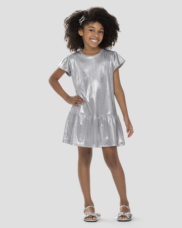 Vestido Infantil em Malha Foil Kely Kety Prata